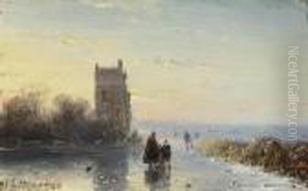 Figures On A Frozen Waterway By A Tower Oil Painting by Andreas Schelfhout