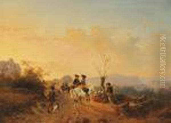 An Escorted Caravan At Dusk Oil Painting by Andreas Schelfhout