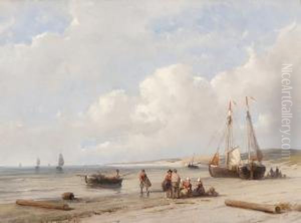 A Beach With Barges And Some Fishermen Oil Painting by Andreas Schelfhout