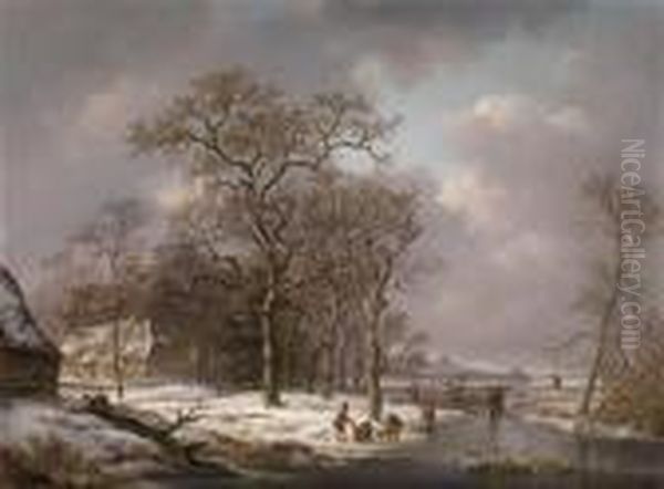 Figures In A Winter Landscape Oil Painting by Andreas Schelfhout