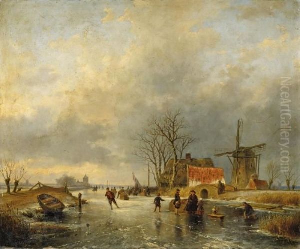 Winterlandschaft Mitmuhle Und Eislaufern Oil Painting by Andreas Schelfhout