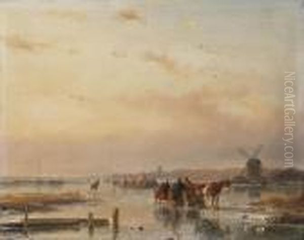 Gathered On The Ice At The End Of A Winter's Day Oil Painting by Andreas Schelfhout