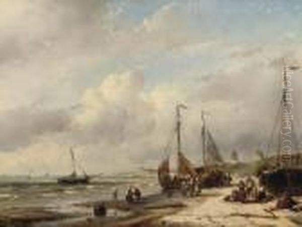 Fisherfolk And 'bomschuiten' On The Dutch Coast Oil Painting by Andreas Schelfhout