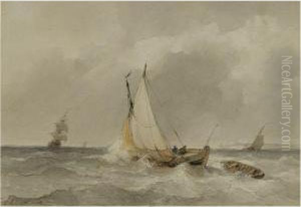 Sailing Vessels In Choppy Waters Oil Painting by Andreas Schelfhout