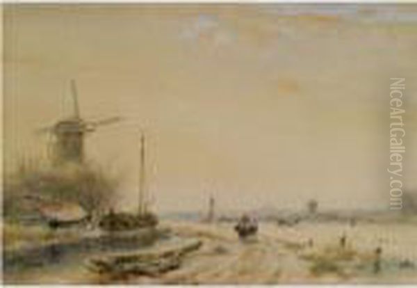 A Winter Landscape With A Windmill, Moored Boats And Figures On Asnow Covered Path Oil Painting by Andreas Schelfhout