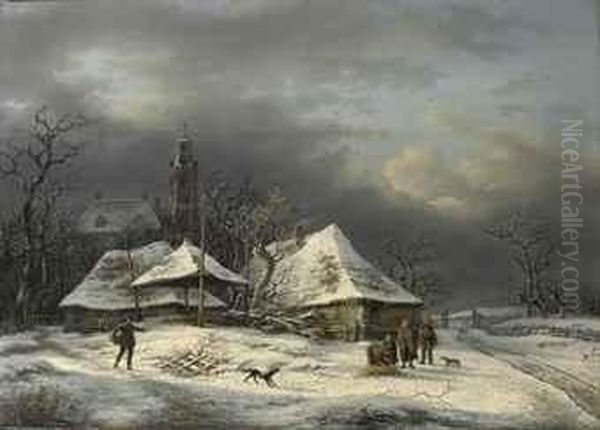 Daily Activities In Winter Oil Painting by Andreas Schelfhout