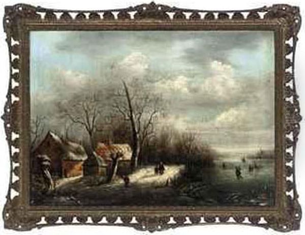 Figures By Cottages And Ice Skaters In A Winter Landscape Oil Painting by Andreas Schelfhout