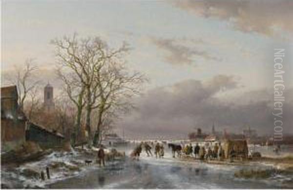 Numerous Skaters And A Horse-sledge By A Refreshment Stall, Atown In The Distance Oil Painting by Andreas Schelfhout