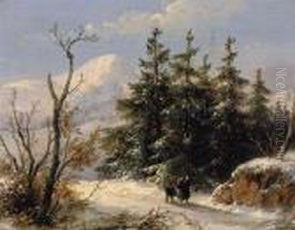 Wanderers On A Snow Covered Path Oil Painting by Andreas Schelfhout