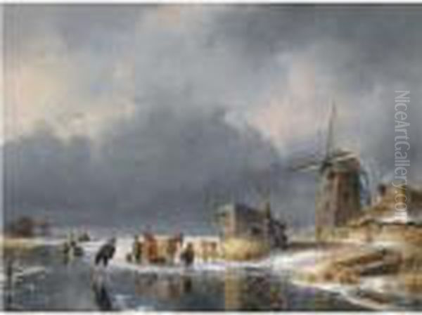 A Winter Scene With Figures And A Horse Sledge By A Mill Oil Painting by Andreas Schelfhout