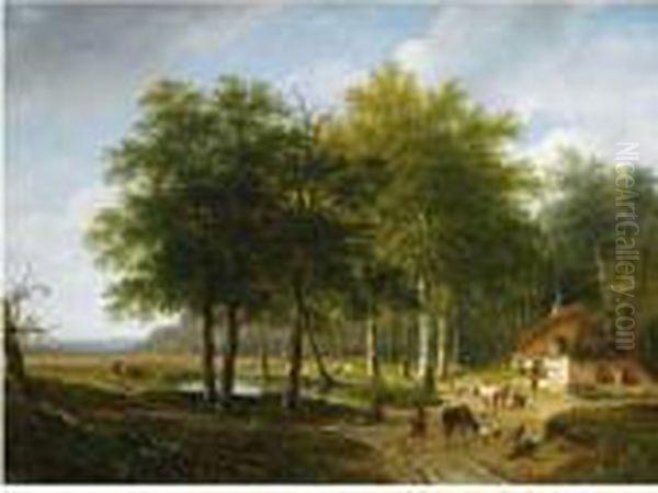 A Herd With Cattle In A Summer Landscape, De Veluwe Oil Painting by Andreas Schelfhout