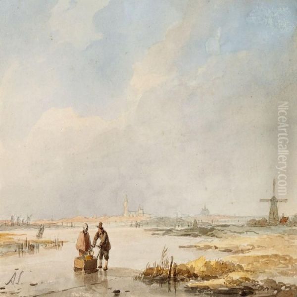 Dutch Winter Scene With A Couple On A Frozen Channel Oil Painting by Andreas Schelfhout