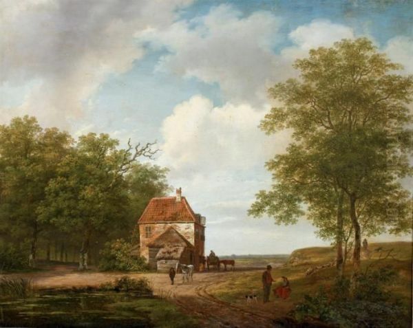 A Farmhouse In Summer With Several Figures Oil Painting by Andreas Schelfhout