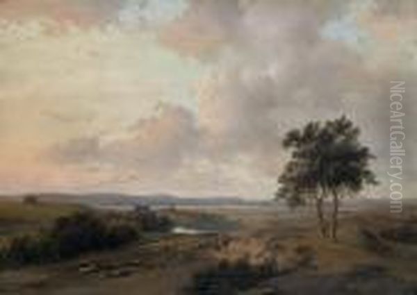 A Panoramic Summer Landscape With Figures On A Path Oil Painting by Andreas Schelfhout