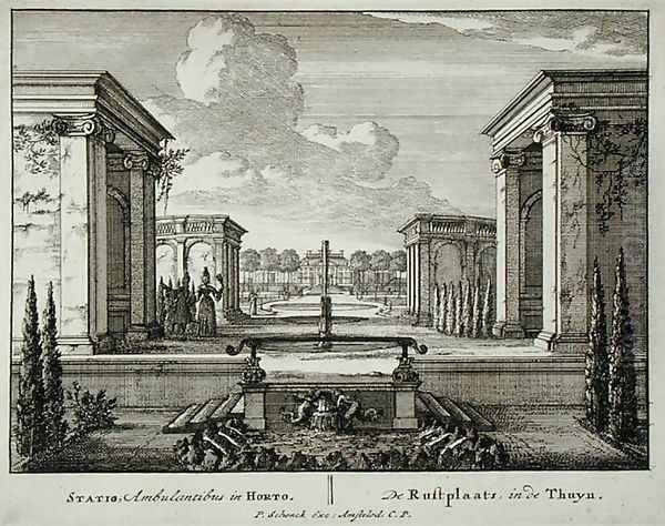 Resting place in a garden, from Admirandorum Quadruplex Spectaculum, by Jan van Call 1656-1703, published before 1715 Oil Painting by Pieter Schenk