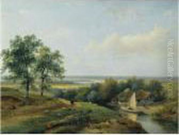 A Herd With His Flock In A Panoramic Summer Landscape Oil Painting by Andreas Schelfhout