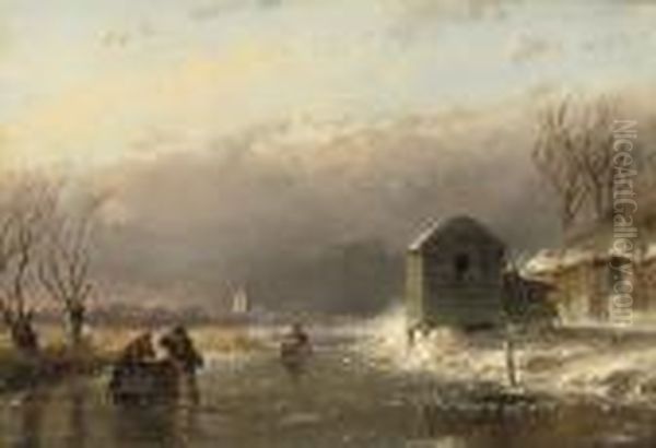 Wood Gatherers On A Frozen Waterway Oil Painting by Andreas Schelfhout