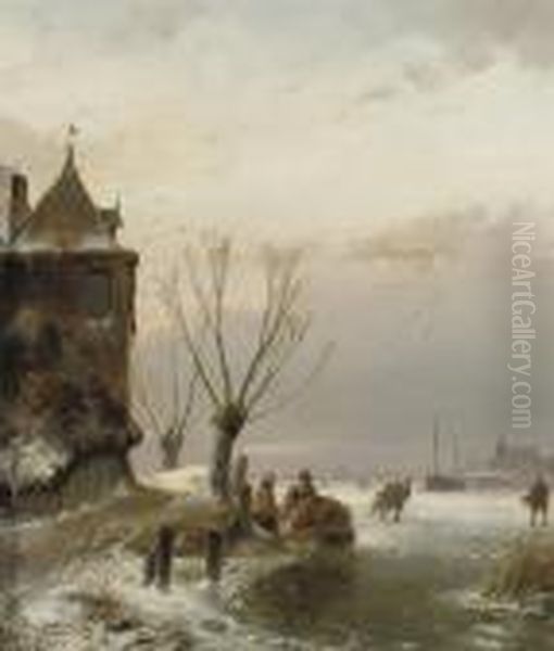 Figures Skating On A Frozen Waterway Near A Mansion Oil Painting by Andreas Schelfhout