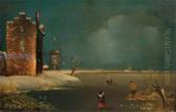 Figures On A Frozen Lake With Windmills Oil Painting by Andreas Schelfhout