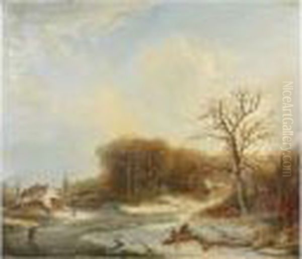 Winter Landscape With Figures Oil Painting by Andreas Schelfhout