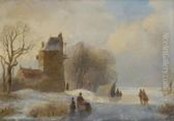 Skaters On The Ice By A Farmhouse Oil Painting by Andreas Schelfhout