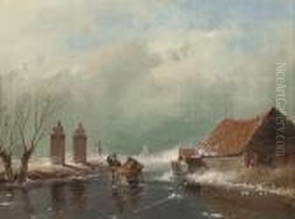 Skaters On A Dutch Waterway Oil Painting by Andreas Schelfhout