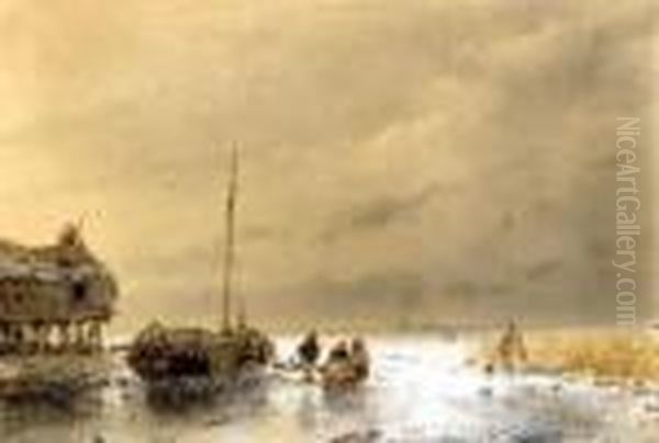 On The Ice Oil Painting by Andreas Schelfhout