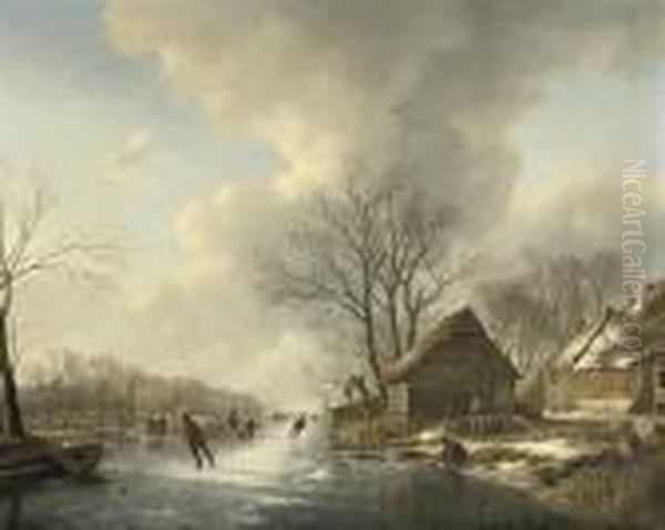 Skaters Near A Farmhouse In Winter Oil Painting by Andreas Schelfhout