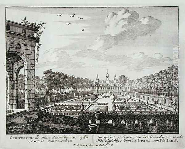 The house and garden at Sorgvliet, seat of Hans Willem Bentinck (1649-1709), 1st Earl of Portland, from Admirandorum Quadruplex Spectaculum, by Jan van Call 1656-1703, published before 1715 Oil Painting by Pieter Schenk