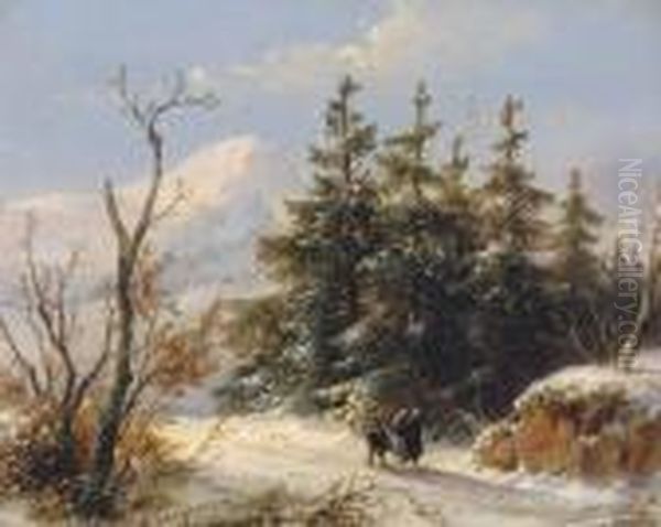 Wanderers On A Snow-covered Path Oil Painting by Andreas Schelfhout