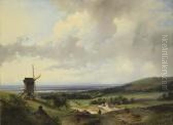 A Panoramic Summer Landscape With Figures, Haarlem Beyond Oil Painting by Andreas Schelfhout