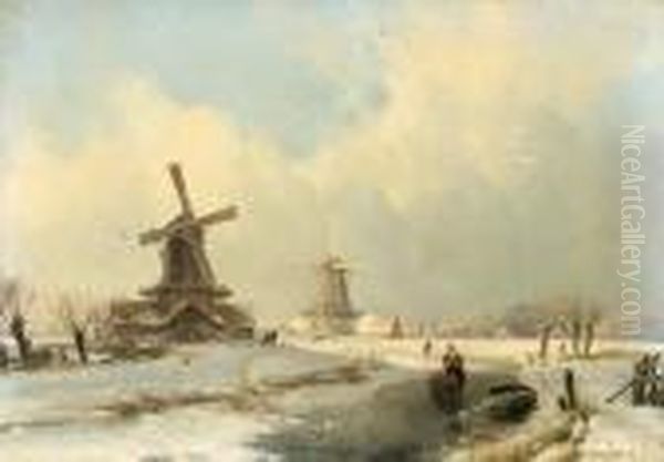 Winter Landscape With Two Windmills Oil Painting by Andreas Schelfhout