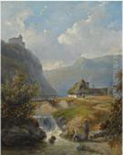 Two Figures Conversing In A Mountainous Landscape Oil Painting by Andreas Schelfhout