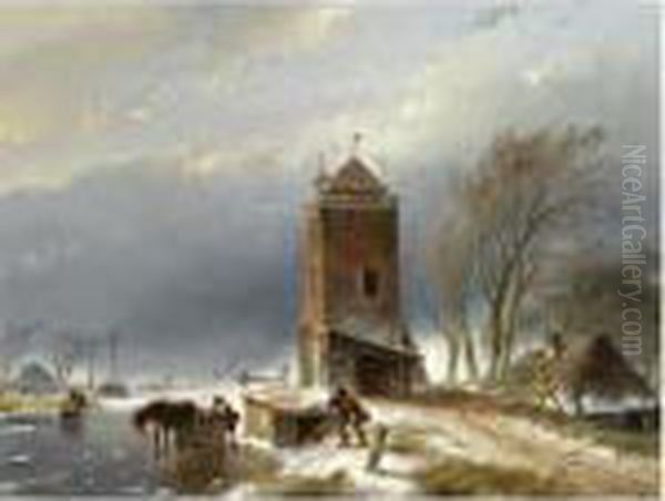 A View Of A Frozen Canal With Figures Near A Horse Drawn Slegde Oil Painting by Andreas Schelfhout