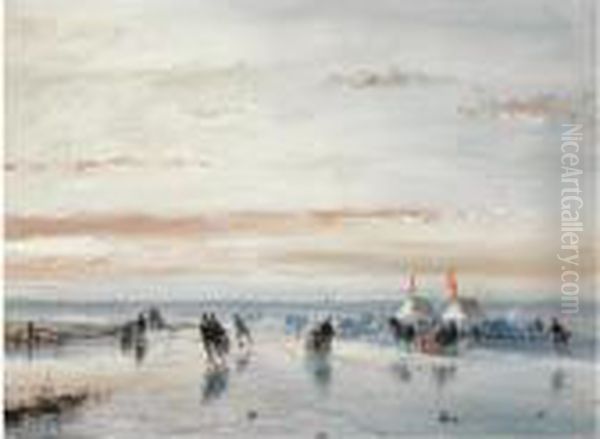 Winter Fun On The Ice Near A 'koek En Zopie' Oil Painting by Andreas Schelfhout