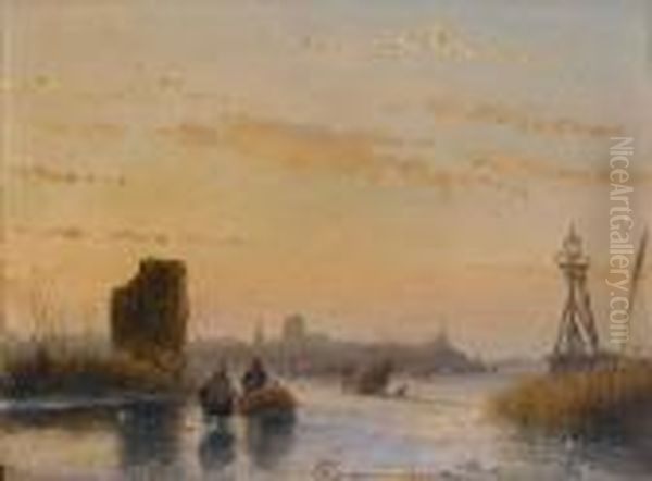 Figures On A Frozen Waterway Oil Painting by Andreas Schelfhout