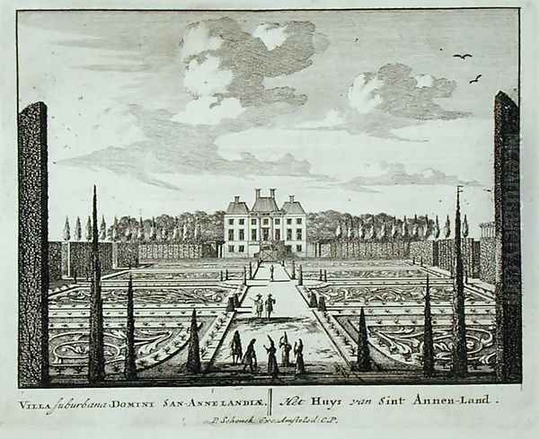 House and gardens at Saint Annen-Land, from Admirandorum Quadruplex Spectaculum, by Jan van Call 1656-1703, published before 1715 Oil Painting by Pieter Schenk