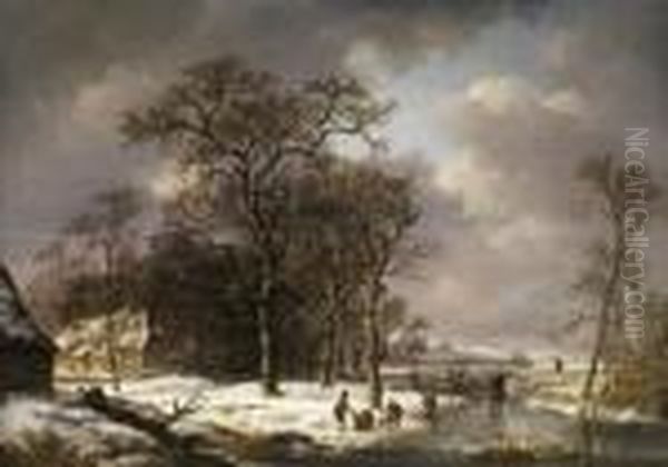 Winterlandschaft Mit Kahlen 
Eichenbaumen An Einem Zugefrorenen Flusslauf Mit Brucke Und 
Figurenstaffage Oil Painting by Andreas Schelfhout