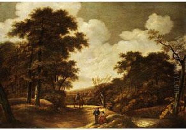 Herbstliche Waldlandschaft Mit Figurenstaffage Oil Painting by Andreas Schelfhout