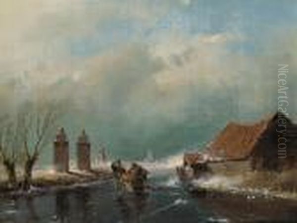 A Windy Day On A Dutch Waterway Oil Painting by Andreas Schelfhout