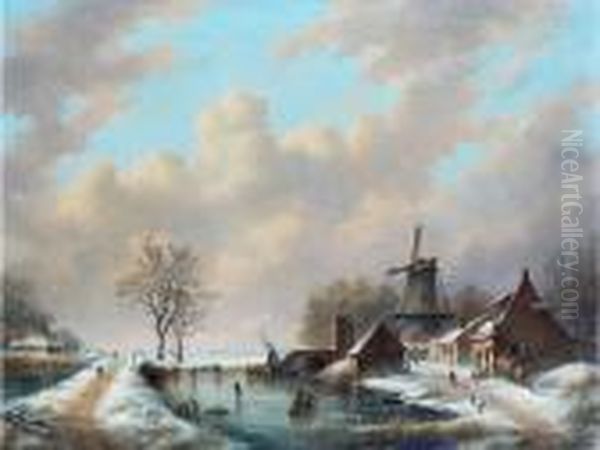 Les Patineurs Oil Painting by Andreas Schelfhout