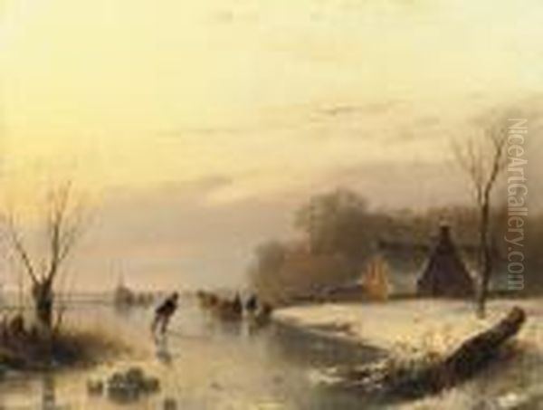 Ice-skating With A Koek-en-zopie In The Distance Oil Painting by Andreas Schelfhout