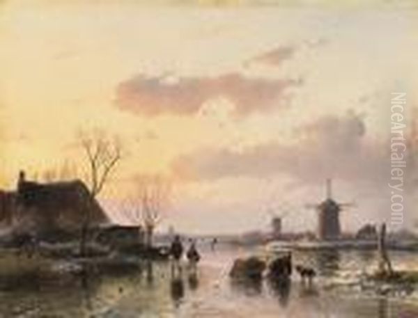 A Winter Landscape With Windmills On The Horizon Oil Painting by Andreas Schelfhout