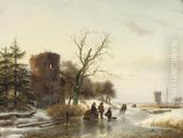 On The Ice Near A Ruin Oil Painting by Andreas Schelfhout