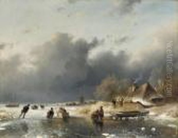 A Day On The Ice Oil Painting by Andreas Schelfhout