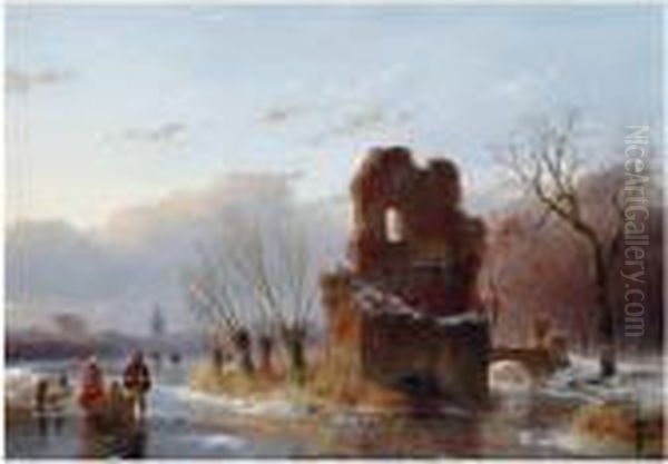 Skaters At Starrenborg Castle Near Overschie Oil Painting by Andreas Schelfhout