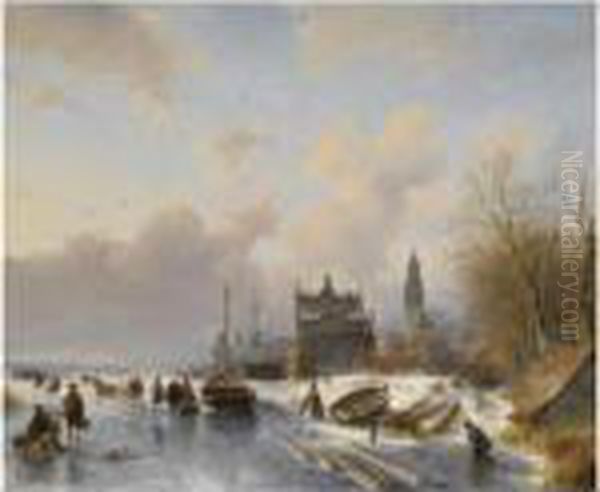 Skaters On A Frozen River Near A Dutch Town Oil Painting by Andreas Schelfhout