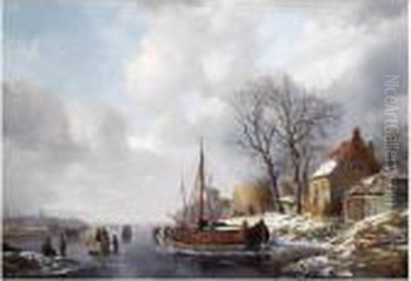 A Winter Landscape Oil Painting by Andreas Schelfhout