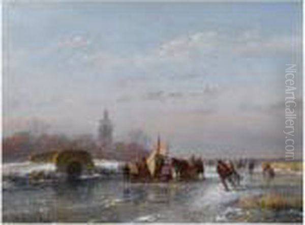 A Frozen Waterway With Skaters And A 'koek En Zopie' Oil Painting by Andreas Schelfhout