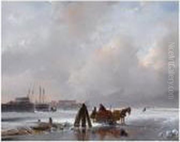 A Horse-drawn Sledge Near A Frozen Harbour Oil Painting by Andreas Schelfhout